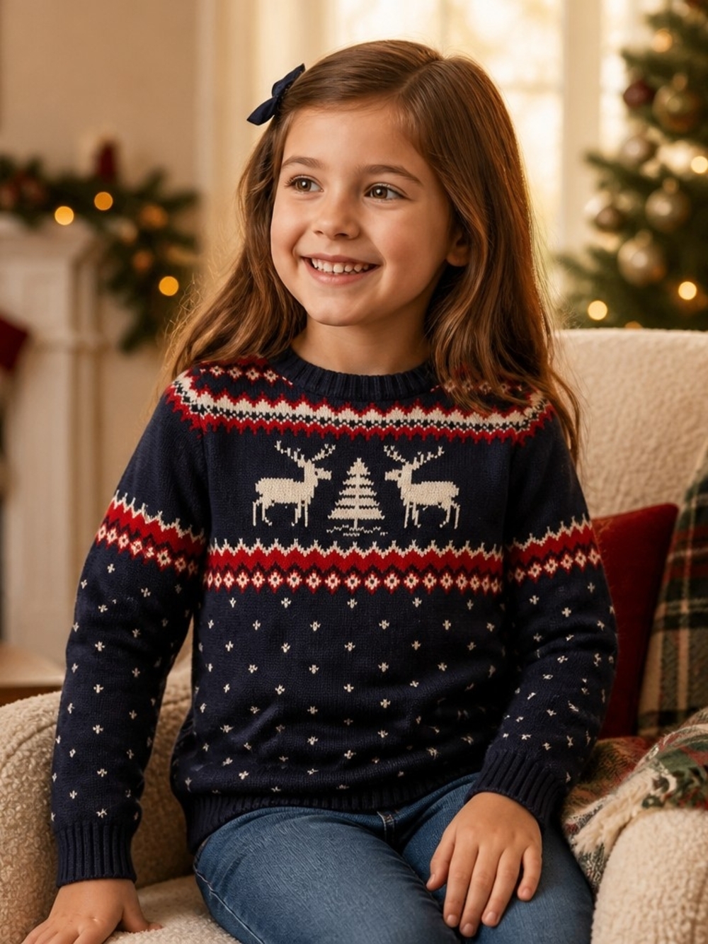 Janie and Jack Navy, Red & Cream Reindeer Fair Isle Sweater